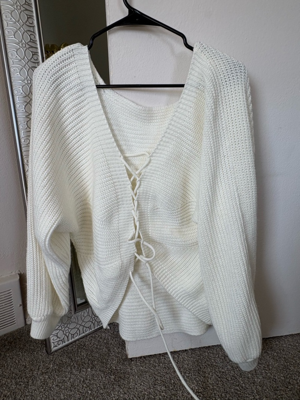 SHEIN Cream Lace-Up V-Neck Off-Shoulder Knit Sweater